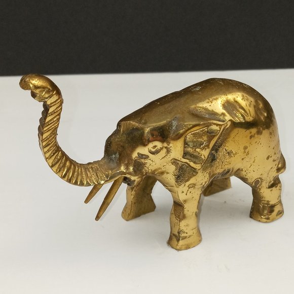 Vintage Brass Lucky Elephant Hearth Desktop Paperweight Trunk Raised Up 3" - Picture 4 of 6